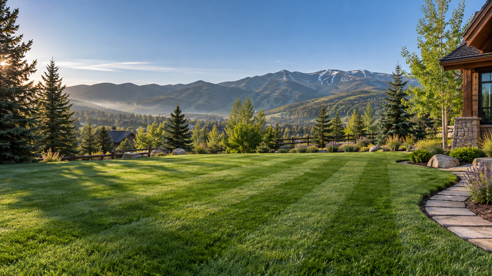 Freshly mowed lawn with crisp stripes and Colorado mountains in Steamboat Springs